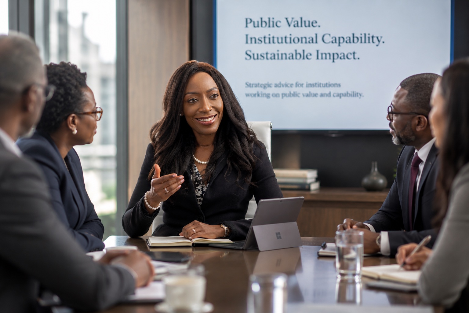 Dr Nonny Ugboma leading a strategic advisory discussion on public value and institutional capability.