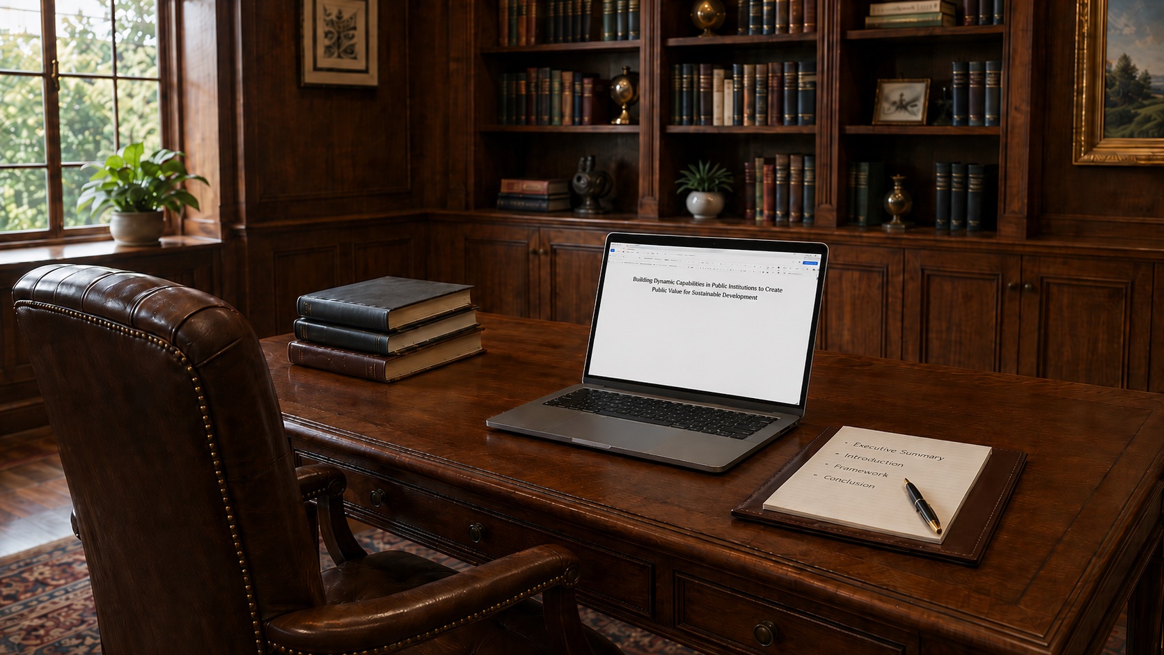 Library desk with laptop and notes on building dynamic capabilities in public institutions.